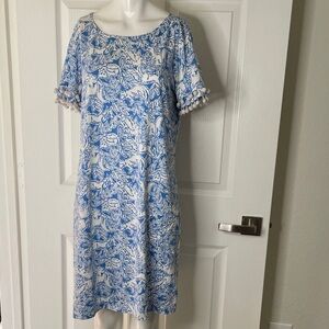 Lilly Pulitzer Lissie Short Sleeve Midi Dress Fox Print Coastal Blue Fancy Feet